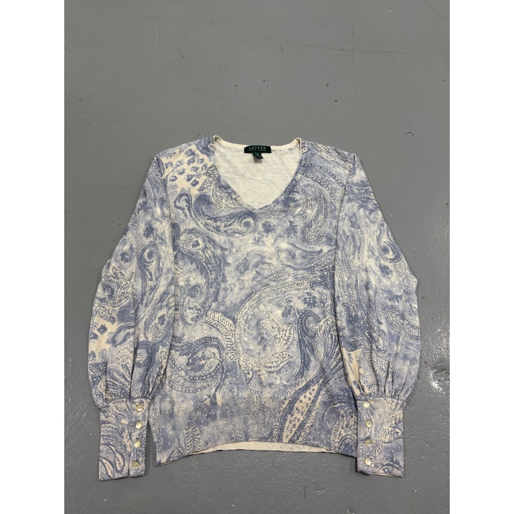 Lauren Ralph Lauren Silk‎ Cotton Paisley V-Neck Sweater Blue Cream Button Cuff L